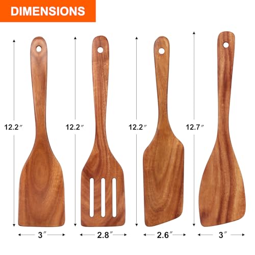 Non Toxic Wooden Spatula for Cooking Utensil Set Teak Kitchen Cooking Spoon | Flat Wood Spurtle Spatulas Set Bamboo Kitchen Utensils Slotted Turner Utensil Tool Cast Iron Scraper Thin Egg Spatula - color: 4 Pcs