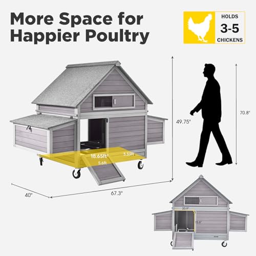 Aivituvin Chicken Coop with Wheels Large Poultry House with Two Nesting Boxes Outdoor Wooden Hen cage - size: 67.0"L x 39.8"W x 49.5"H