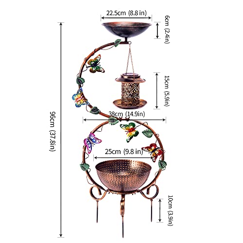 YADOOLIFE 37.8" Bird Bath and Solar Bird Feeders Combo with Flower Planter Pedestal, Metal Bird Baths for Outdoors, Decorative Birdbath with Butterfly for Outside Garden Yard, Weather Resistant