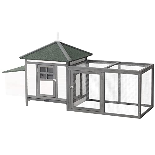 PawHut 77" Wooden Chicken Coop with Nesting Box, Cute Outdoor Hen House with Removable Tray, Ramp Run, for Garden Backyard, Gray | Cute Design, Removable Tray, Ramp Run, for Garden Backyard - color: Gray