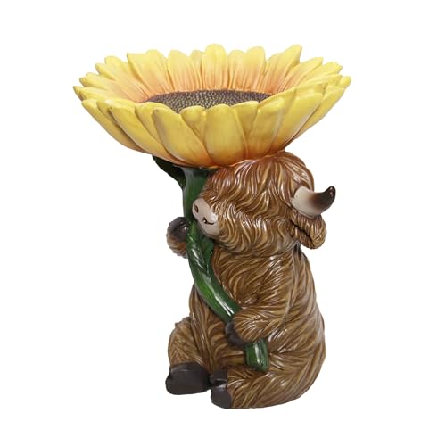 Alpine Corporation WJY114 Highland Cow Holding Sunflower Bird Feeder Statuary - 10" Indoor and Outdoor Garden Accent Decor for Yard, Patio, and Landscape Display - color: Yellow and Brown