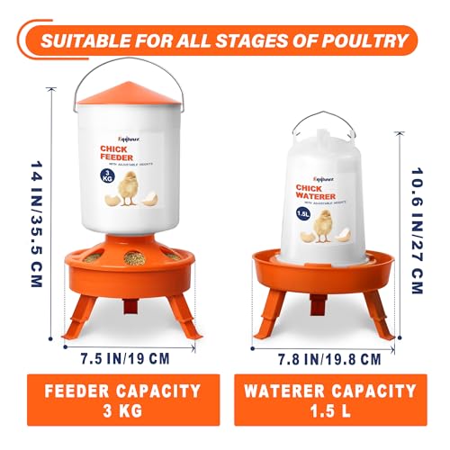 Eggluuz Chick Feeder and Waterer Set, Top Fill 3kg Chick Feeder and 1.5L Chick Waterer with 3 Adjustable Heights