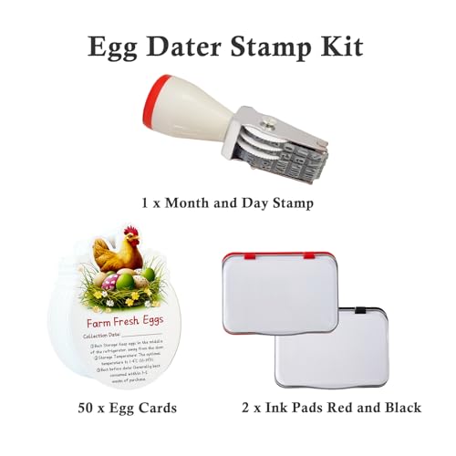 Egg Dater Kit, Date Stamp, 2 Fade-Resistant Inks (Red & Black), Stamper Pad, 50 Farm Fresh Eggs Instructions, for Chicken Duck Turkey Goose Eggs