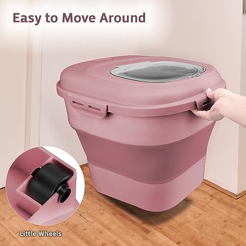Rice Storage Bin Cereal Containers, 13-50lb Collapsible Rice Container Dispenser with Transparent Lid, Rolling Wheels, Measuring Cup and Scoop, Airtight Dog Cat Pet Food Storage Container Pink - color: Pink