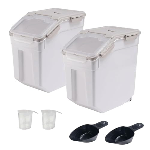 2 Pack Rice Storage Container with Measuring Cup 50 lb Flour Storage Container with Wheels, BPA Free Food Storage Container Dog Cat Food Bin Set for Dry Food Sugar, Cereal(Gray) - color: Gray 2Pack 50Lb