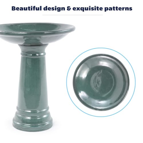 Ceramic Pedestal Bird Bath for Outside, 15 x 12 Inch, Green | Glazed Finish, Easy Twist-to-Lock Assembly - color: Green