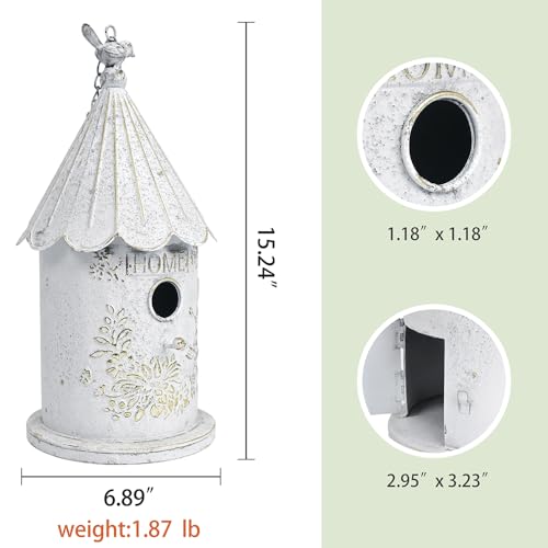 Metal Hanging Birdhouses for Outdoors Bird Houses for Outside Unique Bird Nest for Bluebird Wren Chickadee Sparrow Bird Nest Box for Garden Patio - color: White Gold