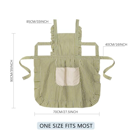 Cute Cotton Apron for Women, Adjustable Bib Cooking Kitchen Aprons with Pockets for BBQ Drawing Baking - color: Green Striped