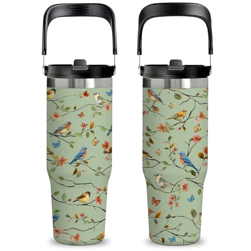 Birds Gifts for Women - 30oz Floral Tumbler with Straw Lid, Flower Aesthetic Insulated Tumbler, Leak-proof Stainless Steel Hummingbird Insulated Cup For Girls, Mom - Chinoiserie Birthday Gift Cup - color: Bird1