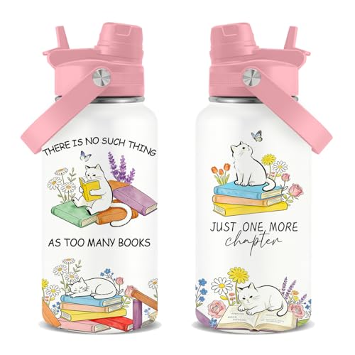 Cats Gifts for Women, 26oz Water Bottle with Handle for Girl Friends | Stainless Steel Insulated Tumbler with Handle & Lid, Bookish Birthday Gifts for Readers, Coffee Mug Insulated Travel Cup - color: Book-White