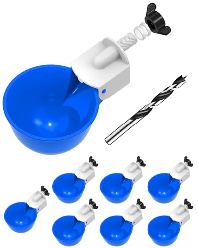 Chicken Waterer Cups (8 Pack) with 3/8" Drill Bit - Blue | Automatic Poultry Drinker Feeder Kit for Chickens, Ducks, Turkeys, Quail, Bunnies | DIY Gravity Fed Bucket Water Dispenser - color: Blue, size: 8 Pack + Drill bit
