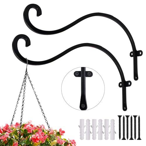Hourleey 2 Pack Plant Hanger Outdoor, 12 Inch Heavy-Duty Hanging Plant Hook for Outside Basket, Black Metal Wall Mount Plant Bracket Hook for Flower Baskets Bird Feeder - size: 12 Inch-2 Pack