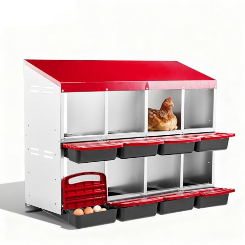 Outvita Two-Tier Chicken Nesting Box Red 8 Compartments | Metal Egg Laying Box with Rollout Egg Collection & Swing Perch for Backyard Chicken - color: Red, size: 44.6"L x 20.5"W x 31.1"H