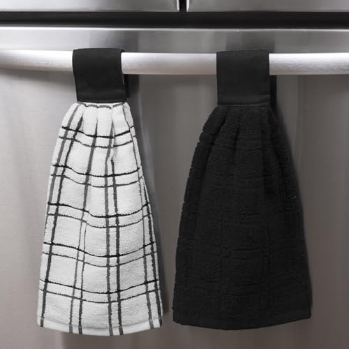 Ritz Premium 100% Cotton Solid and Multi Check Kitchen Tie Towel, Absorbent, Super Soft, and Fast Drying Hang Towel, Set of Two, Black - color: Black, size: Solid & Multi Check - 2 Piece
