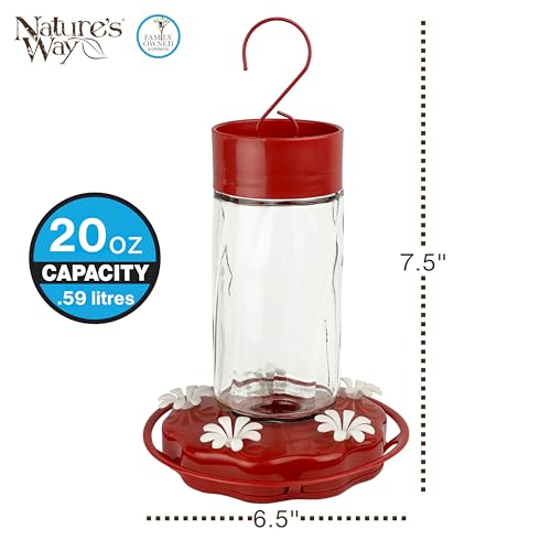 Nature's Way Hanging Glass Hummingbird Feeder for Outdoor Décor, 20 Ounce Capacity Nectar Feeder, Ant Moat, 5 Easy to Clean Flexible Ports, Red - style: 20 Ounce Capacity