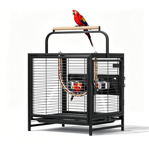 VINGLI Small Bird Cage, 19 inch Travel Carrier Bird Cage with Handle, Wrought Iron Parakeet Cage with Wooden Perch for Parrot Lovebirds Finches Small/Medium Birds (Matte Black) - color: Matte Black