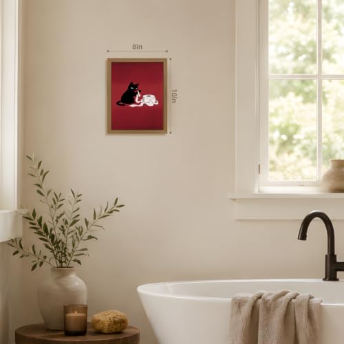GELDSTEI Wood Framed Vintage Black Cat Funny Bathroom Wall Art 8x10 in | Playful Toilet Paper Black Cat Wall Decor, Humorous Bathroom Art Print, Unique Gift for Cat Lovers and Pet Owners - color: Cat, size: 10"L x 8"W