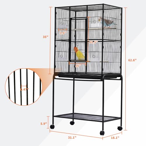 Garvee Large Bird Cage,62.6" H Big Bird Cage with Stand for Parakeets Parrots Conures Lovebird Cockatiel Black