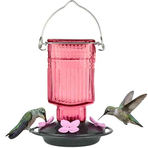 Nature’s Way Petal Pink Antique Glass Gravity Hummingbird Feeder with Bronze Plastic Base, 22 Ounce Capacity, 4 Flexible Pink Flower Ports and Perches, Bee-Resistant Design - color: Pink