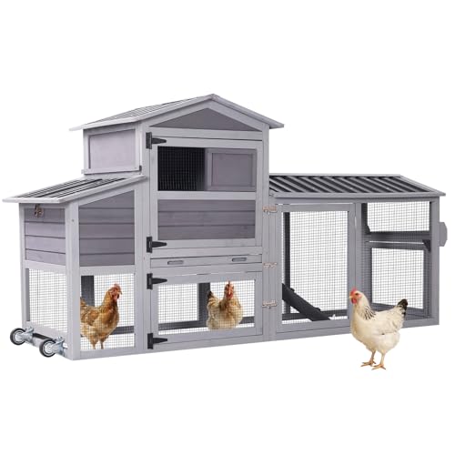 Large Chicken Coop with Run for 4–6 Chickens, Mobile Chicken Coop with Wheels, Wooden Hen House with 2 Nesting Boxes, Pull-Out Tray, Waterproof Roof, Outdoor Poultry Cage for Backyard