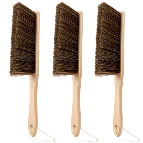 Hand Broom, 3 Pcs Dust Brush Set, 5 Rows Wider Horsehair Brush with Reinforced Fiber and Beech Wood Handle, Soft and Flexible for Furniture, Sofa, Bed, Clothes, Carpet, Counter, Bench