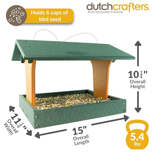 DutchCrafters Plastic Poly Covered Roof Hanging Fly Through Bird Feeder Open Side Platform Seed Tray for Outside Outdoor Garden - Amish American Made in USA (Turf Green & Cedar) - color: Turf Green & Cedar