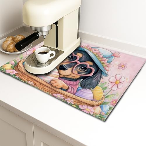 Easter Floral Dish Drying Mats for Kitchen, Cute Dog with Eggs Absorbent Dish Rack Mat, Spring Fanciful Microfiber Drying Pad for Counter Protector 18x24 Inch - size: 24" x 18"