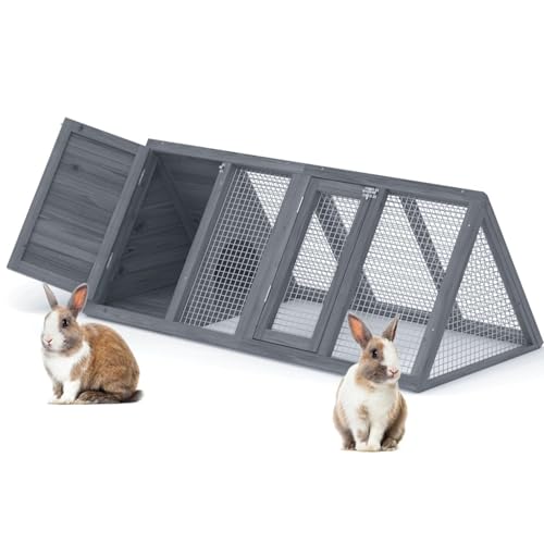 Rabbit Hutch Outdoor Chicken Coop Wooden A-Frame Small Animal Cage Quail Cage w/Chicken Run & Ventilated Wire Fence Suitable for Garden Backyard Farms 47 x 18 x 19.5 in (Grey) - color: Grey