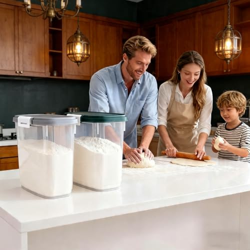Rice Storage Container 15-20 Lbs, Tall Flour Bin Container with Scoop, Cup | Slim Dry Food Container Storage Bin for Cereal, Sugar, Beans, Pet, Dog, Cat Food, Kitchen and Pantry Storage Organization - color: Gray White