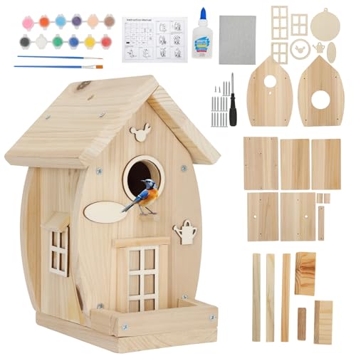 DIY Birdhouse Kit for Adults - Wooden Craft House to Build and Paint, Complete Set with Brushes, Non-Toxic Paint, Sandpaper & Glue, Creative Garden Yard Patio Decor Gift Idea