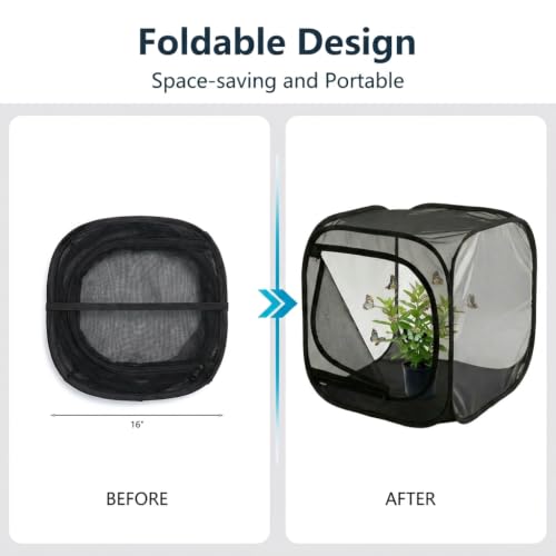 Insect & Butterfly Habitat Cage, Portable Pop-Up Terrarium with Mesh Sides, Bug Catching & Observation Enclosure for Caterpillars, Small Insects, Outdoor & Classroom Use, 16 Inches Tall - color: Black/Black, size: 16 × 16 × 16 inches