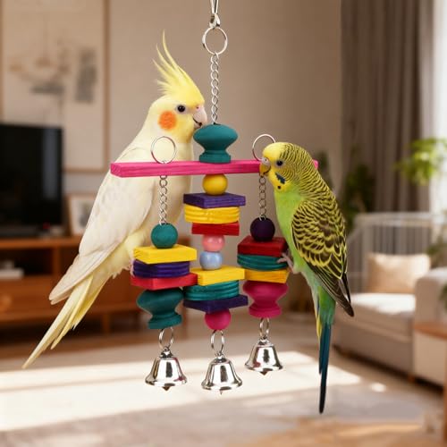 Hypeety Parrot Hanging Swing Bells Chew Toy Colorful Hanging Wood Block Natural Birds Toy for Parrot Macaw African Greys Cockatiels Budgies Conure Cage - color: Wooden Hanging Swing