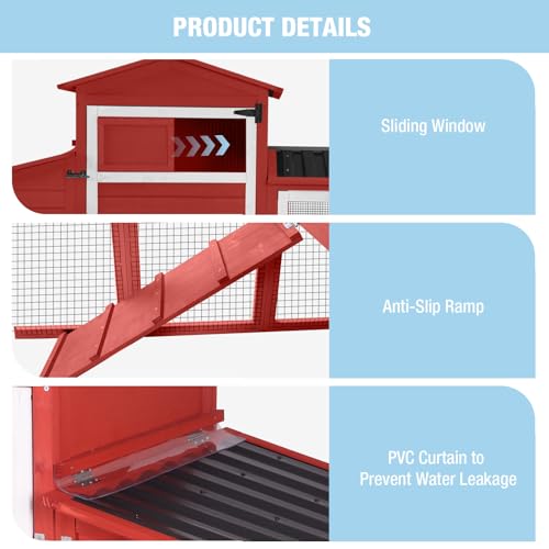Large Chicken Coop with Run, 80.5’’ Chicken Tractor with Wheels, Wooden Hen House Poultry Cage with Plastic Waterproof Roof and Nesting Box, Leakproof Pull-Out Tray (Red) - color: Red, size: 80.5"L x 21.2"W x 42.5"H
