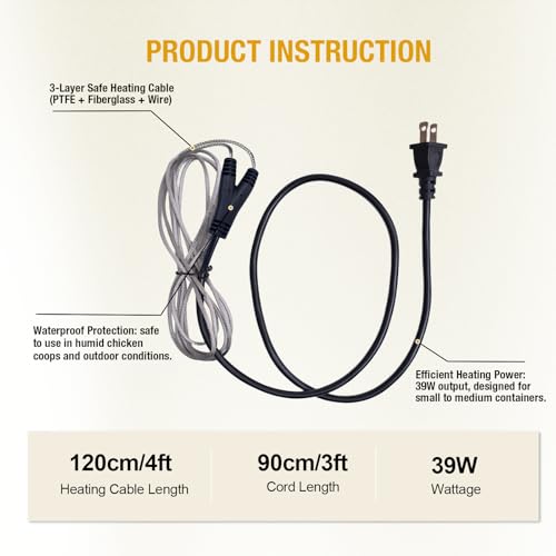 Chicken Water Heater Cord, 39W Heated Cable for Poultry Waterers-2Pack | Prevents water freezing,Safe Poultry Water Heating for Chickens, Ducks and Other Small Animals(Waterer Not Included)