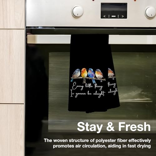 Every Little Thing is Gonna Be Alright Kitchen Towels 16x24 Inch, Sparrow Bird Gifts for Bird Lovers Women, Inspirational Quotes Tea Hand Towels(Black) - color: Black