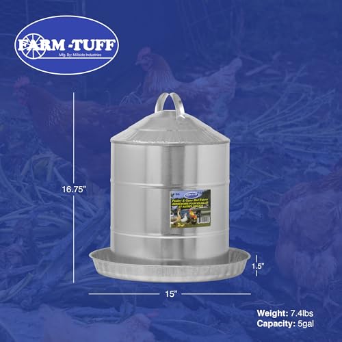 FARM-TUFF Galvanized Poultry Waterer, 5 Gallon Capacity - Double-Wall Poultry Fountain with Cone Top - Automatic Gravity-Fed Water Dispenser for Chickens, Ducks & Game Birds - size: 5 Gallon Capacity