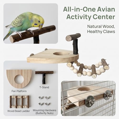 Bird Perch for Cage, Natural Pine Wood Platform with Ladder, Cage Mounted Parrot Perch for Parakeets, Cockatiels, Budgies, Finches & Small Birds