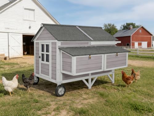 GUTINNEEN 68" Chicken Coop for 8-12 Chickens with Large Wheels, Mobile Wooden Hen House with 4 Nesting Boxes, 4 Perches, Pull-Out Trays, Outdoor Backyard Poultry Cage - size: 68.1"L x 53.9"W x 49.0"H