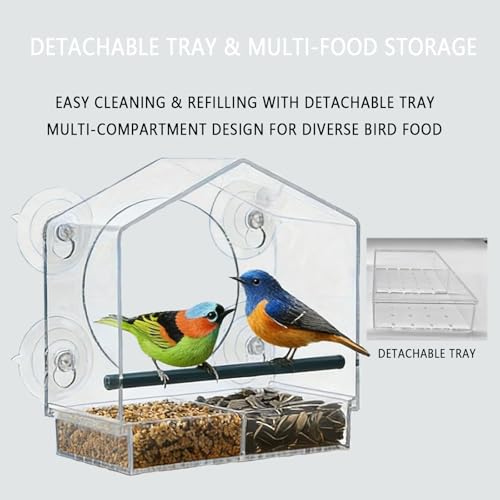 Window Bird Feeder with Strong Suction Cups （Large House） | Detachable Seed Tray (Built-in Drain Holes), Durable Acrylic Birdfeeder for Outdoor Garden, Ideal for Bird Watching Lovers - style: Large House