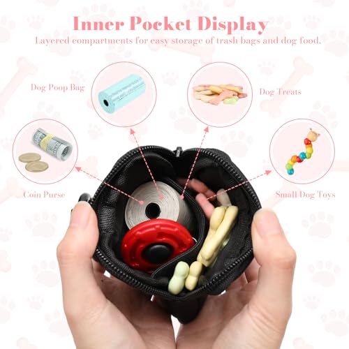Dog Treat Pouch with Training Clicker,Waterproof Nylon Fabric Poop Bag Holders for Leashes,Hands Free Small Dog Walking Bag with Carabiner, Pet Puppy Training Walking Essentials (Black) - color: Black