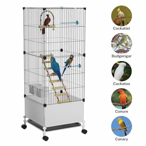 STILLCOVE Medium Flight Bird Cage, with Bowls & Perches & Ladder & Swing | with Removable Tray, Universal Wheels, Birdcage for Parakeet, Parrot, Cockatiel, Conure, Budgie, Canary, Finch, Lovebird - size: 14.2"L x 14.6"W x 39.4"H