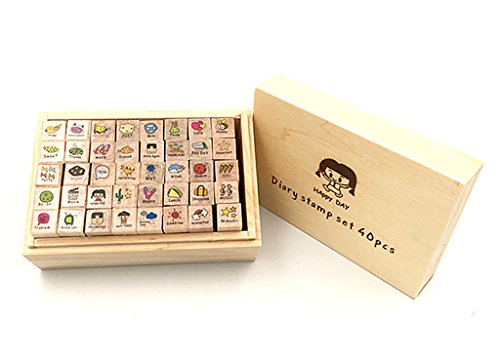 Diary Stamp Set,Wooden Rubber Signet for Children DIY Scrapbooking Planner Card Making(40pcs,Happy Day) - color: Happy Day(40pcs)