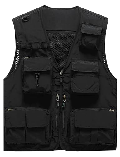 Flygo Men's Casual Lightweight Outdoor Fishing Work Safari Travel Photo Cargo Vest Jacket Multi Pockets - color: Black, size: Medium