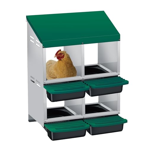 4 Hole Chicken Nesting Boxes, Weatherproof Galvanized Steel Chicken Egg Laying Box with Automatic Rollout Egg Collection, 2-in-1 Handle Perch, Easy Clean & Quick Assemble for Chicken Coop - color: Green, size: 4 holes 2 layers