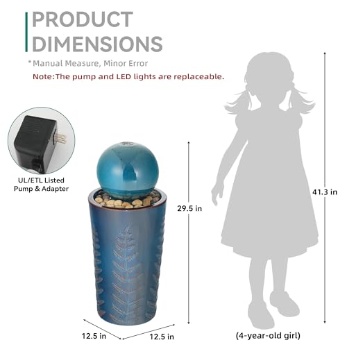 Autodaya 30" Sphere Outdoor Water Fountain, Teal Blue Ceramic Glaze | Modern Nature-Inspired Design with Leaf Patterns & Pebbles, Soothing Trickling Water Feature for Patio, Yard, Garden, Porch - color: 29.5"h-sphere Teal Blue Glaze