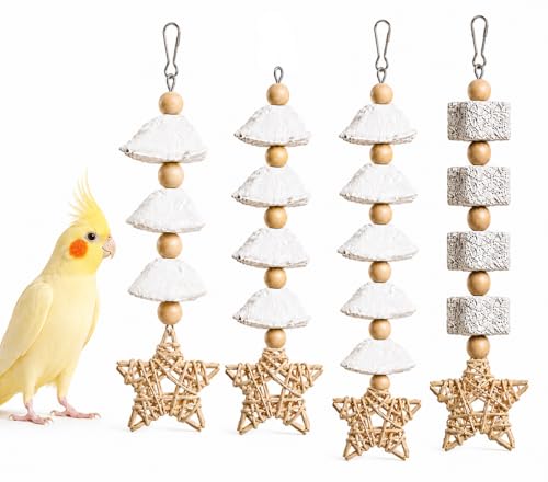 4 Pack Hanging Bird Chew Toys for Small Birds Cuttlebone and Pumice Cage Toys with Rattan Star and Wood Beads for Cockatiel Budgie Parakeet Conure Lovebird - size: 4 Pack
