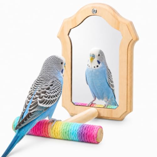 Bird Mirror for Cage Wooden Standing Birds-Mirror Bird Toys for Parakeets | Chewing Perch with Reflective Mirrors Wooden Swing Mirrors for Parrots Budgies Parakeets Cockatiels Lovebirds