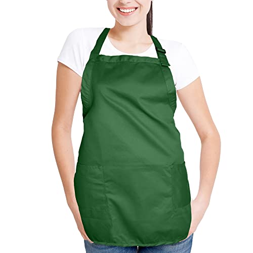 DALIX Apron Commercial Restaurant Home Bib Spun Poly Cotton Kitchen Aprons (2 Pockets) in Dark Green - color: Dark Green
