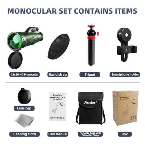12x60 Powerful Monocular for Adults High Powered, 2026 New Version, Smartphone Adapter Tripod Plus Portable Bag, Larger Vision Monoculars with BAK4 Prism & FMC Lens, for Bird Watching Hiking - size: 12x60