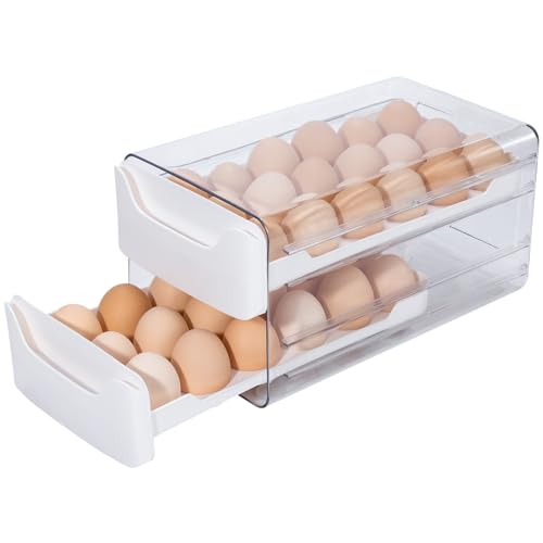36-Egg Holder for Refrigerator, 2-Tier Stackable Egg Dispenser, White | 36-egg double-layer refrigerator organizer with smooth sliding drawers, clear PET body, and anti-slip silicone pads. - color: White